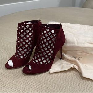 Jimmy Choo Burgundy Lattice Peep-Toe Heels